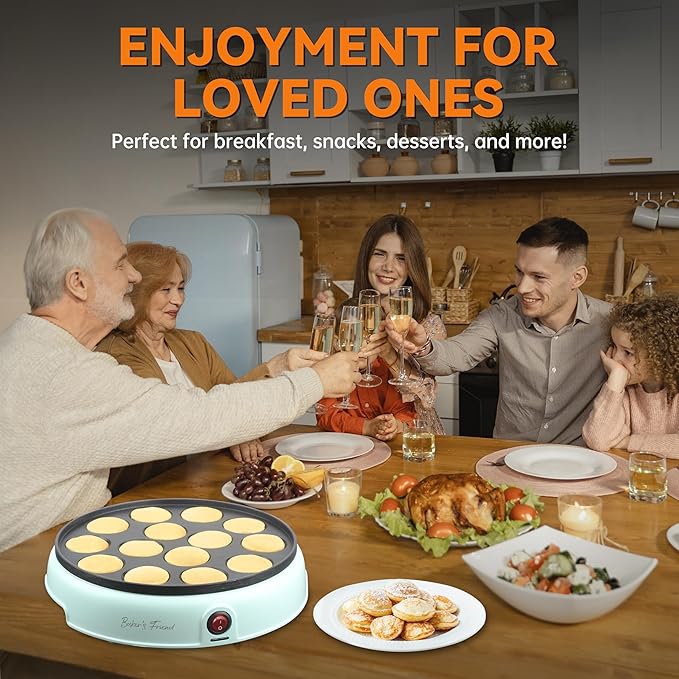Baker's Friend Mini Pancakes Maker Machine, Dutch Mini Pancake Griddle, 14 Holes Electric Poffertjes Pan, Ideal for Breakfast, Snacks, Desserts & More