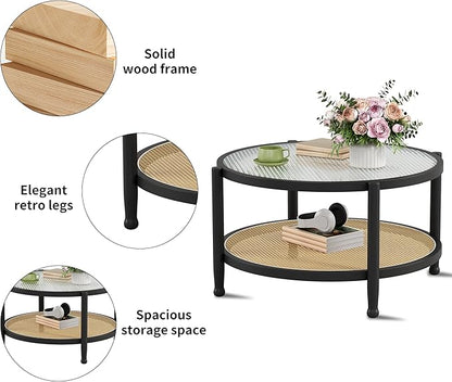 Rattan Round Coffee Table for Living Room, 32" Boho Circle Table with Tempered Glass Desktop Rustic Solid Wood Farmhouse Accent Center Storage Table (Black, 31.5" D x 31.5" W x 17" H)
