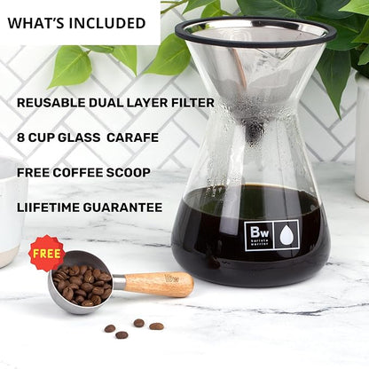 Barista Warrior Pour Over Coffee Maker Set – Pour Over Kit Includes Large Glass Carafe, Reusable Dripper Filter, and Coffee Scoop – 8 Cup Drip Brewer (34oz | 1000ml)