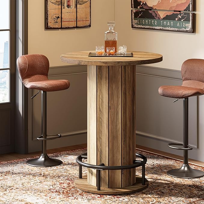 Tribesigns Round Bar Table, 39.4" H Wood Bistro Pub Table with Metal Ring Footrest for Dining Coffee Cocktail Living Room, Small Space, Brown(Only Table)