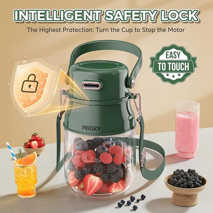 Portable Blender, Prasky Personal Blenders for Shakes and Smoothies with 27oz Cup, Lid and Shoulder Strap, Type-C USB Rechargeable, Personal Size Blenders BPA-free for Gym/Travel/Kitchen (green)