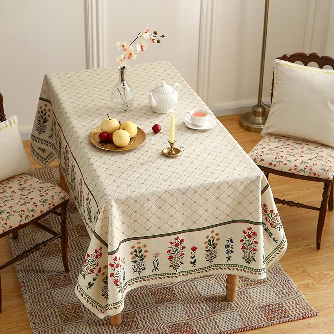 Designer Vintage Linen Floral Extra Long Tablecloth Rectangle,Fall Colorful Modern Table Cloth,Anti-Wrinkle Decor Tablecloths for Dining Thanksgiving Kitchen Christmas,67"*118"-Bertina E