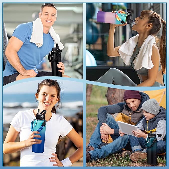 Water Bottle with Straw - 40 oz Stainless Steel Water Bottles, Big Water Jug Vacuum Insulated Waterbottle with Paracord Handle, Straw/Auto Spout Lid, Strap Sleeve, Metal Reusable Water Bottle Black