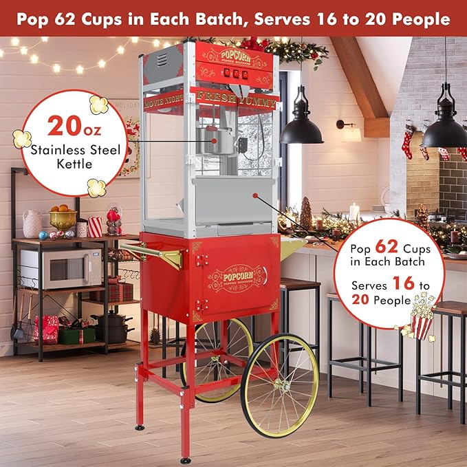 Commercial Popcorn Machine with Cart, Wheels & 20 Oz Kettle,Popcorn Popper Machine Vintage Style Movie Theater Popcorn Maker Machine for Parties, Events, Commercial, and Home Theater