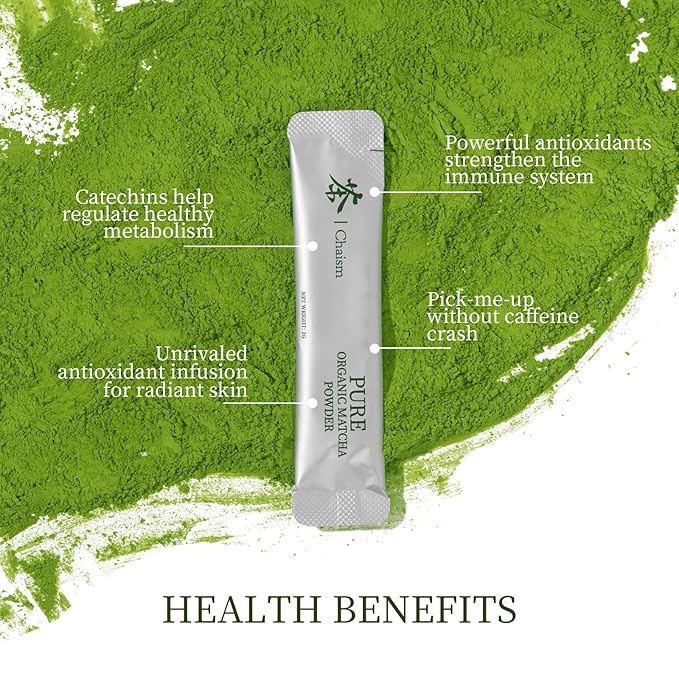 Chaism Ceremonial Grade Matcha Green Tea Powder - 20 Single Serve Packets, Premium First Harvest USDA Organic Gluten-Free Vegan, 100% Pure (20 Packets)
