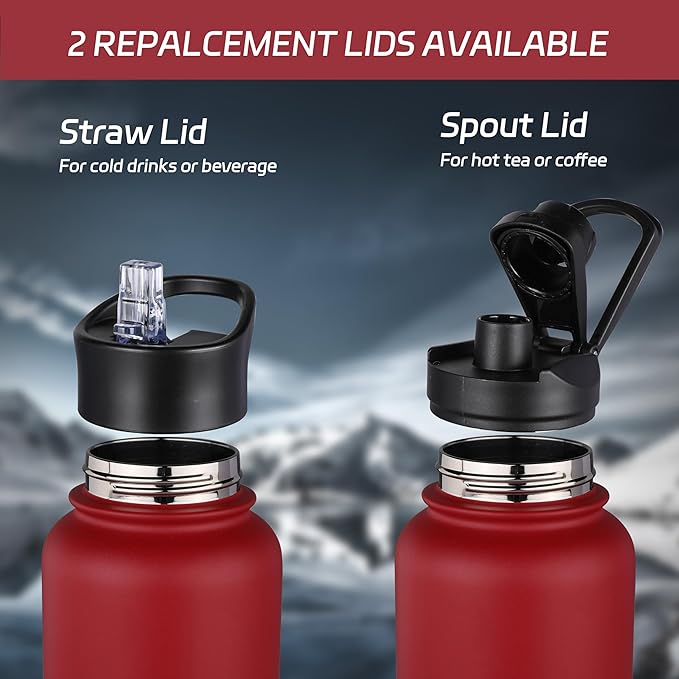 HASLE OUTFITTERS 40oz Stainless Steel Water Bottle, Vacuum Insulated Double Walled Leak Proof Sports Water Bottle with 2 Lids (Straw and Spout Lid) Thermo Mug Keep Cold and Hot(Red,1)