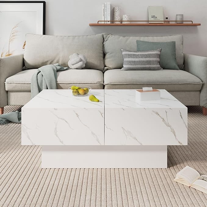 White Marble Coffee Table with Large Storage, Farmhouse Center Table for Living Room Mesas De Centro para Salas Modernas Nesting Modern Coffee Table for Reception Room