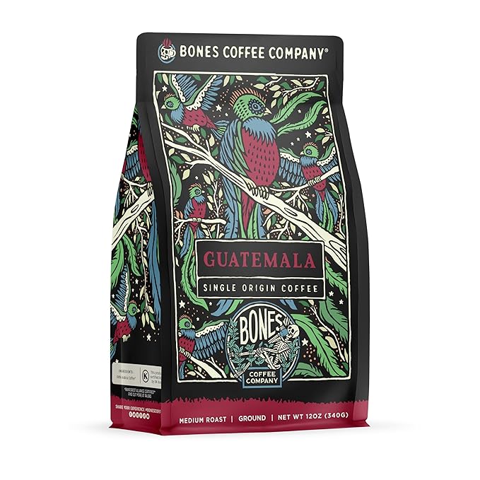 Bones Coffee Company Guatemala Single-Origin, Milk Chocolate, Citrus and Caramel Notes, Ground Coffee Beans, Low Acid Medium Roast Arabica Beans Flavored Coffee, 12 oz Ground