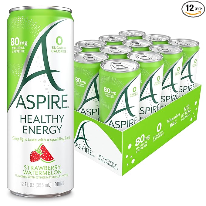 ASPIRE® Strawberry Watermelon, Healthy Energy Drink 80mg Natural Caffeine, Zero Sugar No Carbs Keto Friendly, 12 Pack Green Tea Sugar Free Drink Low Caffeine Zero Calorie