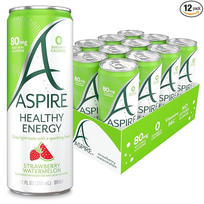 ASPIRE® Strawberry Watermelon, Healthy Energy Drink 80mg Natural Caffeine, Zero Sugar No Carbs Keto Friendly, 12 Pack Green Tea Sugar Free Drink Low Caffeine Zero Calorie