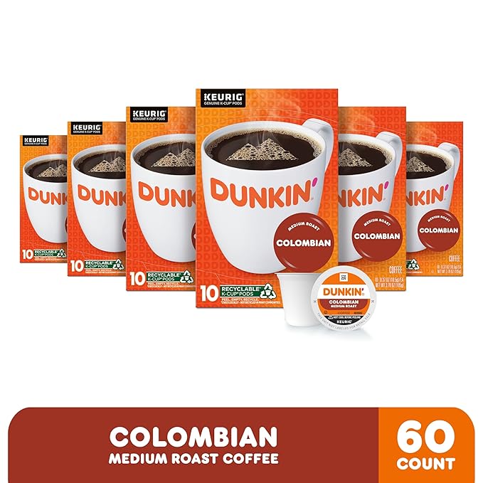 Dunkin' Colombian Medium Roast Coffee, 60 Keurig K-Cup Pods