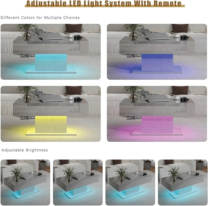 Grey Led Coffee Table with 2 Storage Drawers for Living Room, Living Room Table Rectangular Center Table, Modern High Glossy Wooden Coffee Tables with Lights for Dining Reception Room