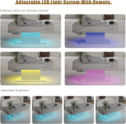 Grey Led Coffee Table with 2 Storage Drawers for Living Room, Living Room Table Rectangular Center Table, Modern High Glossy Wooden Coffee Tables with Lights for Dining Reception Room