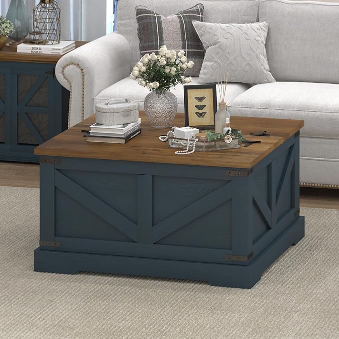 Farmhouse Coffee Table with Hidden Storage Compartment, Square Coffee Table for Living Room, Wood Center Table with Hinged Lifting Tabletop for Home, Navy Blue