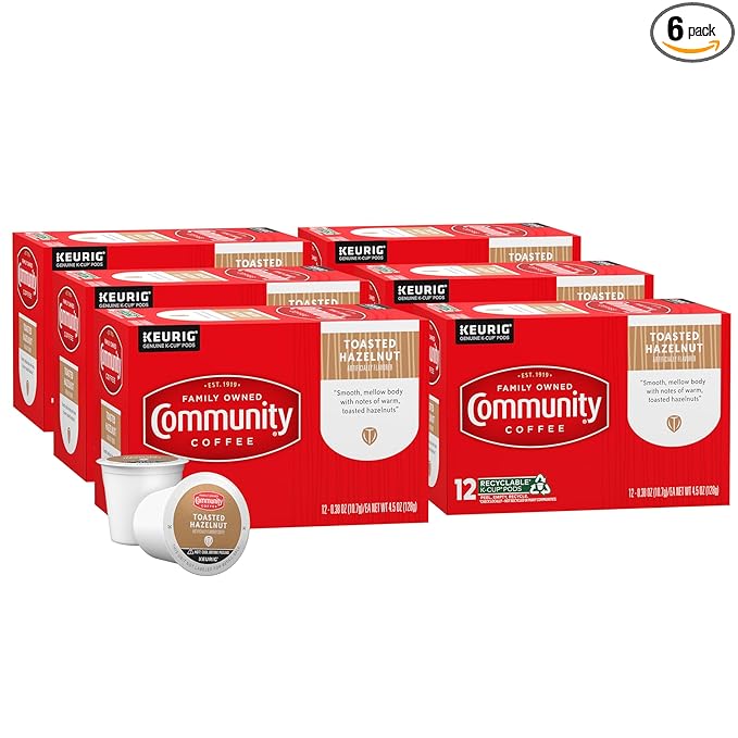 Community Coffee Toasted Hazelnut Flavored 72 Count Coffee Pods, Medium Roast, Compatible with Keurig 2.0 K-Cup Brewers, 12 Count (Pack of 6)