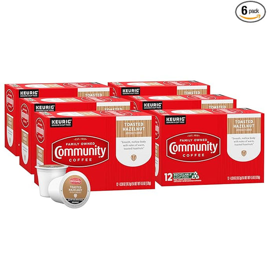Community Coffee Toasted Hazelnut Flavored 72 Count Coffee Pods, Medium Roast, Compatible with Keurig 2.0 K-Cup Brewers, 12 Count (Pack of 6)