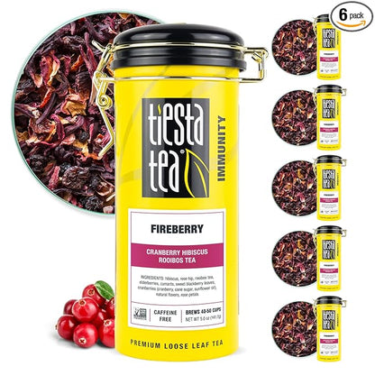 Tiesta Tea - Fireberry Cranberry Hibiscus Rooibos Tea | Loose Leaf | Premium Non-Caffeinated Rooibos Blend | Make Hot or Iced & Brews Up to 50 Cups | 30oz Refillable Tin, Pack of 6