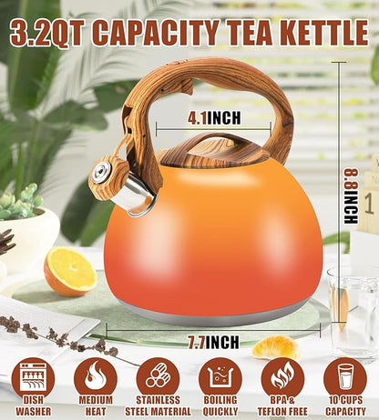 Tea Kettle Stovetop, 3.2Qt Stainless Steel Tea pots with Wood Grain Handle Food Grade Whistling Tea kettle,Induction/Gas Stoves (Orange-Red Gradient)