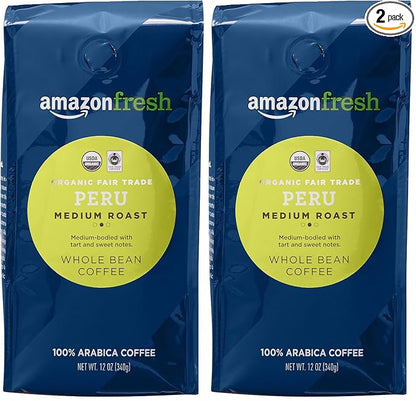 AmazonFresh Organic Fair Trade Peru Whole Bean Coffee, Medium Roast, 12 Ounce (Pack of 2)