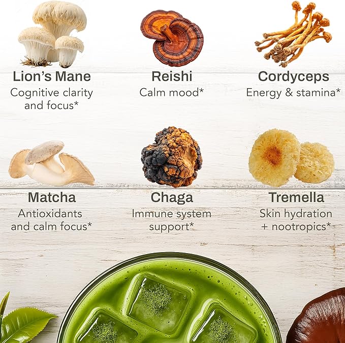 Mushroom Matcha Powder - Sugar-Free Japanese Ceremonial Green Tea with 18 Superfood Mushrooms and Hydrolyzed Collagen - Coffee Alternative Caffeine Free - 30 Sachets
