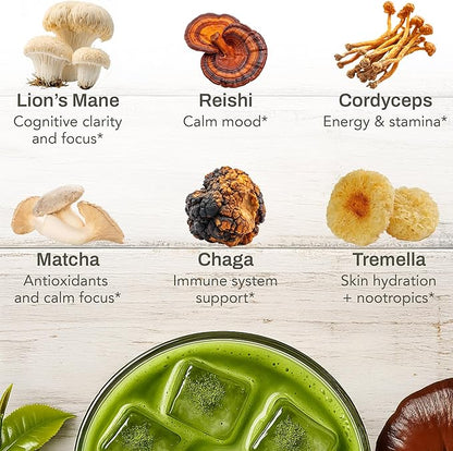 Mushroom Matcha Powder - Sugar-Free Japanese Ceremonial Green Tea with 18 Superfood Mushrooms and Hydrolyzed Collagen - Coffee Alternative Caffeine Free - 30 Sachets