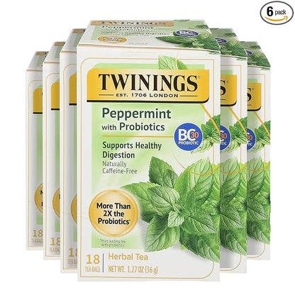 Twinings Superblends Peppermint with Probiotics Herbal Tea, 18 Count (Pack of 6), Naturally Caffeine-FreeEnjoy Hot or Iced, 96 Teabags