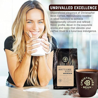 Christopher Bean Coffee - Certified Kosher, Decaf Ground Universal Drip Amaretto Almond Biscotti Coffee | Amaretto Flavored Medium Roast Coffee 100% Arabica, No Sugar, No Fats, Non-GMO | 10-Ounce