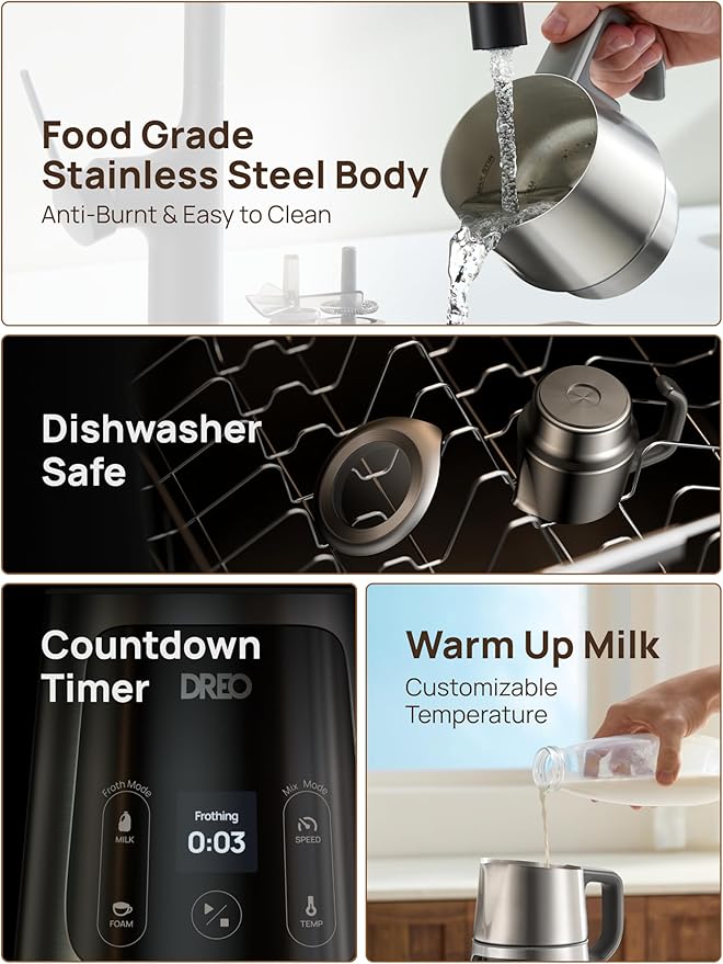 Dreo Milk Frother [Upgraded], All-in-1 Electric Foam Maker for Coffee, 15oz/450ml Automatic Foam Frother for Latte Art-level Microfoam, 30+ Drinks, Dishwasher Safe, Easy to Clean, LED display