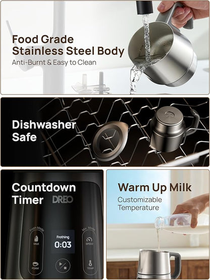 Dreo Milk Frother [Upgraded], All-in-1 Electric Foam Maker for Coffee, 15oz/450ml Automatic Foam Frother for Latte Art-level Microfoam, 30+ Drinks, Dishwasher Safe, Easy to Clean, LED display