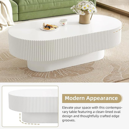 43.3 Inch Oval Drum Coffee Table, Modern Handcraft Fluted Drum Coffee Table, Wooden Oval Center Table Cocktail Table with Stable Pedestal for Living Room Apartment (White)