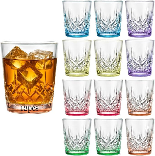 Ruckae 12 Pack 1.5 OZ Shot Glasses Set Crystal Shot Glass Bulk Gradient Colorful Cone Shot Glasses for Vodka Tequila Whiskey Liquor