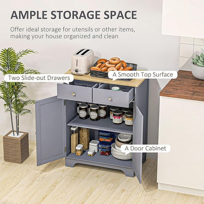 HOMCOM Sideboard with Solid Wood Countertop, Modern Kitchen Storage Cabinet, Coffee Bar Cabinet with 2 Drawers, Doors and Adjustable Shelf, Gray