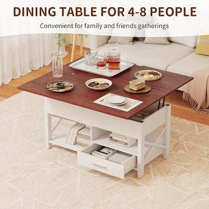 Lift Top Coffee Table with Storage, White Lift Top Coffee Table with Drawers&Hidden Compartment, Multi-Functional Center Table, Convertible Coffee Tables into Dining Table for Home Living Room Office