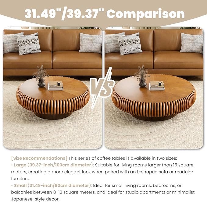 Round Fluted Coffee Table Modern Handcraft Drum Coffee Table with Sturdy Pedestal 39.37" Farmhouse Center Table Tea Table for Living Room, Reception Room, Entertainment Room (Brown 39.37")
