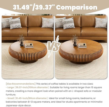 Round Fluted Coffee Table Modern Handcraft Drum Coffee Table with Sturdy Pedestal 39.37" Farmhouse Center Table Tea Table for Living Room, Reception Room, Entertainment Room (Brown 39.37")
