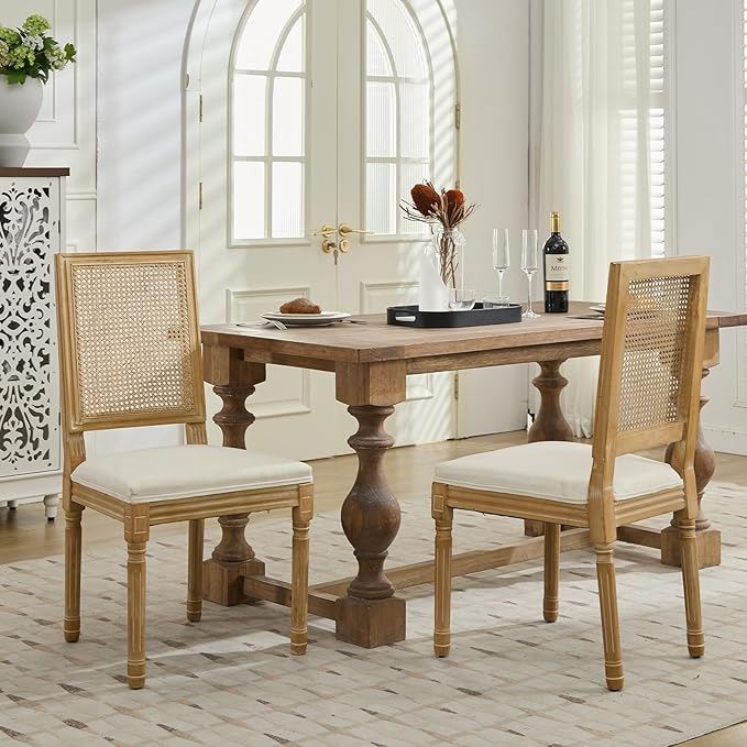 Vintage French Country Dining Chairs Set of 2, Rattan Dining Chairs with a Square Back, Beige Upholstered Dining Chair, Sillas para Comedor, Kitchen & Dining Room Chair (Beige, Rattan, 2Pcs)