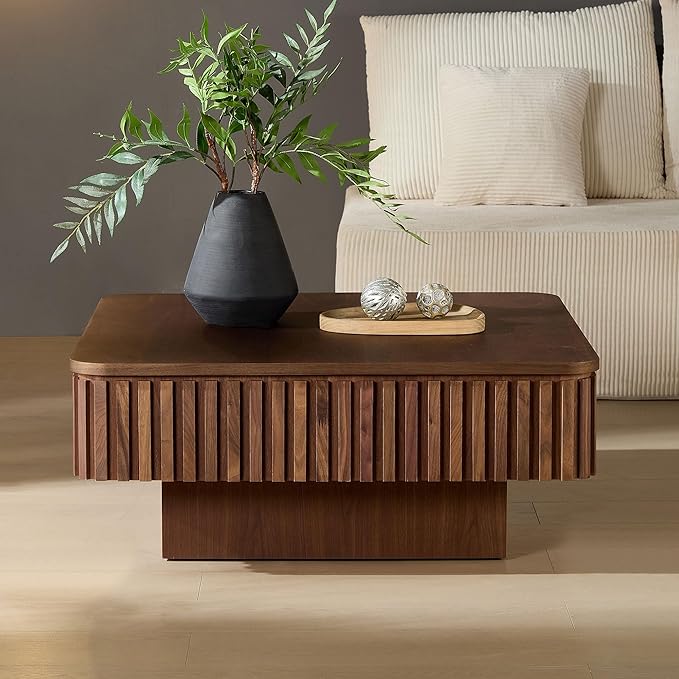 KEVINSPACE Lift Top Coffee Table Square Coffee Tables for Living Room Furniture Small CoffeeTable with Large Hidden Storage Center Table Mid Century ModernTable Rustic Walnut 35.43" W x14.57-24.5" H