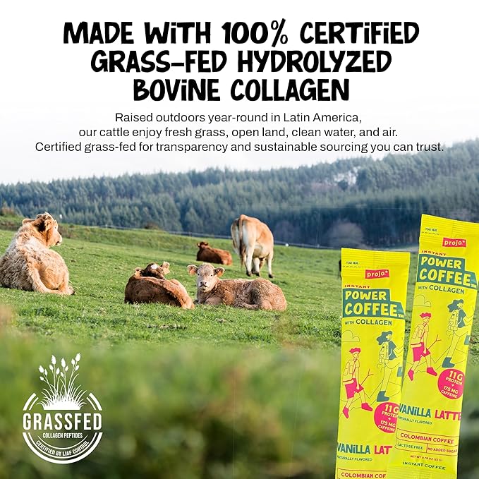 Projo* Power Coffee – Instant Coffee with 11g Protein – Grass-Fed Hydrolyzed Bovine Collagen & 175mg Caffeine – Vanilla Latte Flavor – Organic – Energy Support – 12 Single-Serve Packets