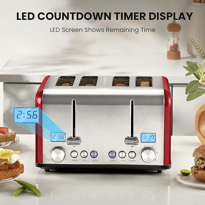 Roter Mond Countdown Stainless Steel 4 Slice Toaster with Bagel, Defrost, Cancel Function, Dual Toaster, Extra Wide Slots, 6 Shade Settings, Removable Crumb Trays, 1650W, Red