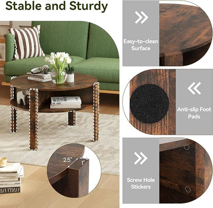 Giantex Round Coffee Table, 2-Tier Mid Century Modern Tea Cocktail Table with Storage Shelves & 4 Side Compartments, Wood Center Table for Living Room, Small Spaces (Rustic Brown)