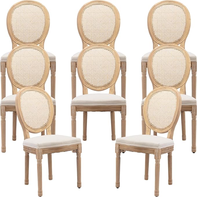 French Country Dining Chairs Set of 8, Beige Cane Back Rattan Dining Chairs with Linen Upholstered Seat, Solid Wood Legs, Farmhouse Kitchen & Dining Room Chairs, Sillas De Comedor (Beige, 8Pcs)