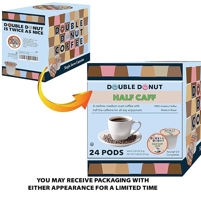 Double Donut Coffee Half Caff Coffee Pods, Single Serve Half Caffeine Coffee Pods For Keurig K Cup Brewers, Medium Roast, 24 Count