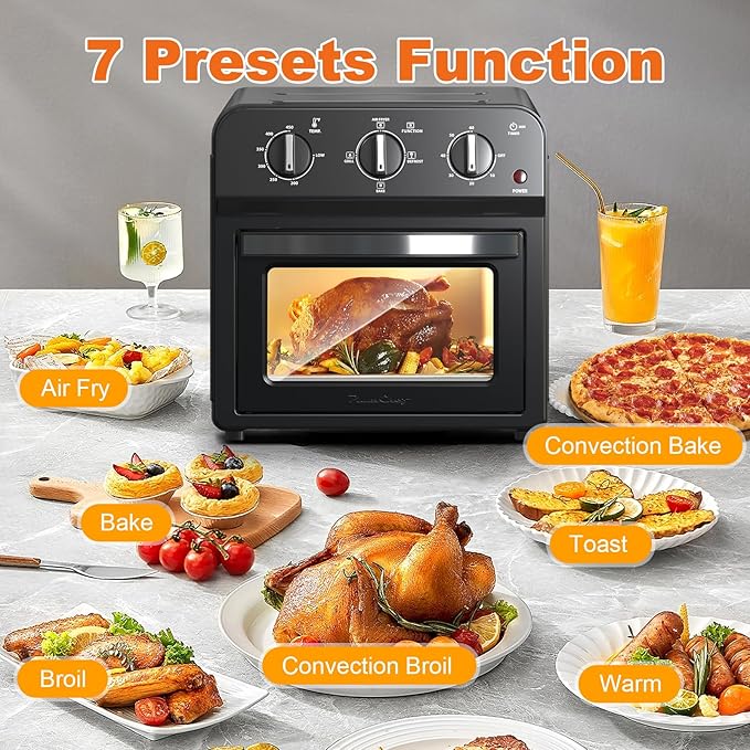PlumChef 13 Quart 4 Slices Air Fryer Convection Toaster Oven, 1500W, Multifunction Oven forAir Fryer, Gril, Defrost, Bake, Time and Temperature Controls,Black