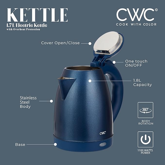 COOK WITH COLOR Electric Kettle - Rapid Boil, Sleek Design, and Safety Features - Great for Quick and Easy, Stainless Steel Blue, 1.7 Liters