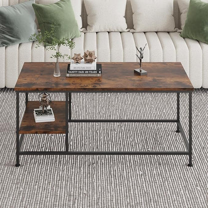 SENIG Brown Rectangle Wood and Metal Coffee Table with Storage Shelf for Small Living Rooms with Shelf