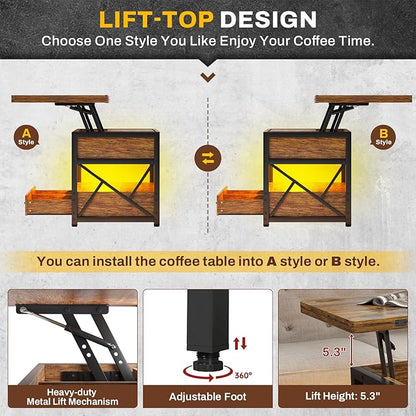 Itaar 40" Lift Top Coffee Table, 4 in 1 Coffee Tables with Storage for Living Room, Small Farmhouse Coffee Table with 2 Drawers & LED Light for Dining Reception Room, Rustic Brown
