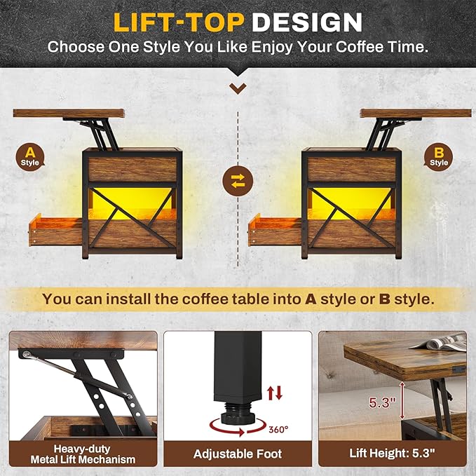 Itaar 40" Lift Top Coffee Table, 4 in 1 Coffee Tables with Storage for Living Room, Small Farmhouse Coffee Table with 2 Drawers & LED Light for Dining Reception Room, Rustic Brown