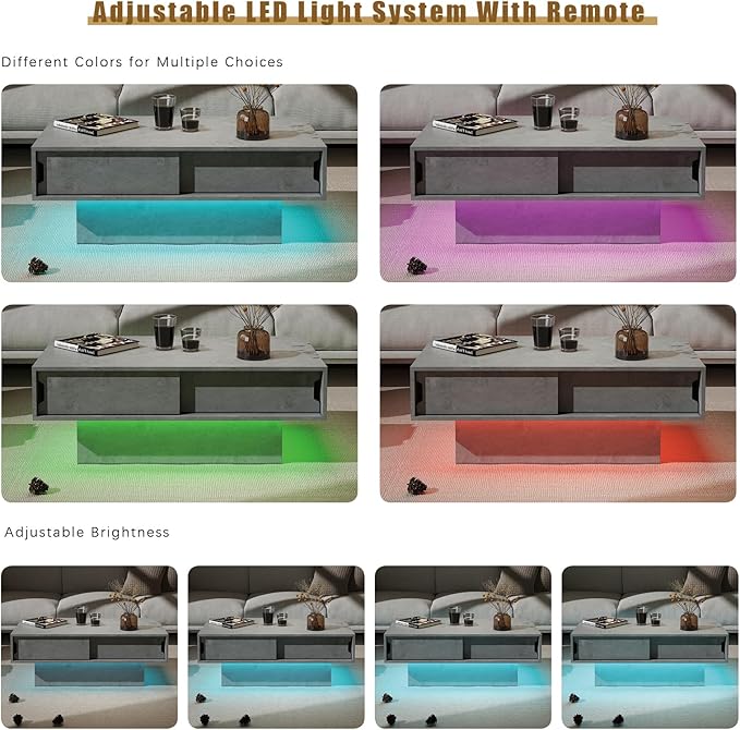 LED Coffee Table with Storage, Rectangular Center Table for Living Room, Modern High Glossy Farmhouse Grey Coffee Table with 16 Colors LED Lights, Wooden Living Room Table