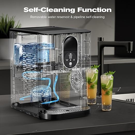 Kismile Countertop Nugget Ice Maker, Pebble Ice Maker with Self-Cleaning, 50lbs/24H, Soft Chewable Pellet Ice, One-Click Operation, for Home & Kitchen (Silver)