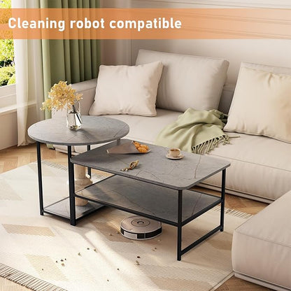 WOHOMO Coffee Table, Modern Style Coffee Tables for Living Room Marble Center Table with Storage 2 in 1Detachable Table Set,Grey Marble